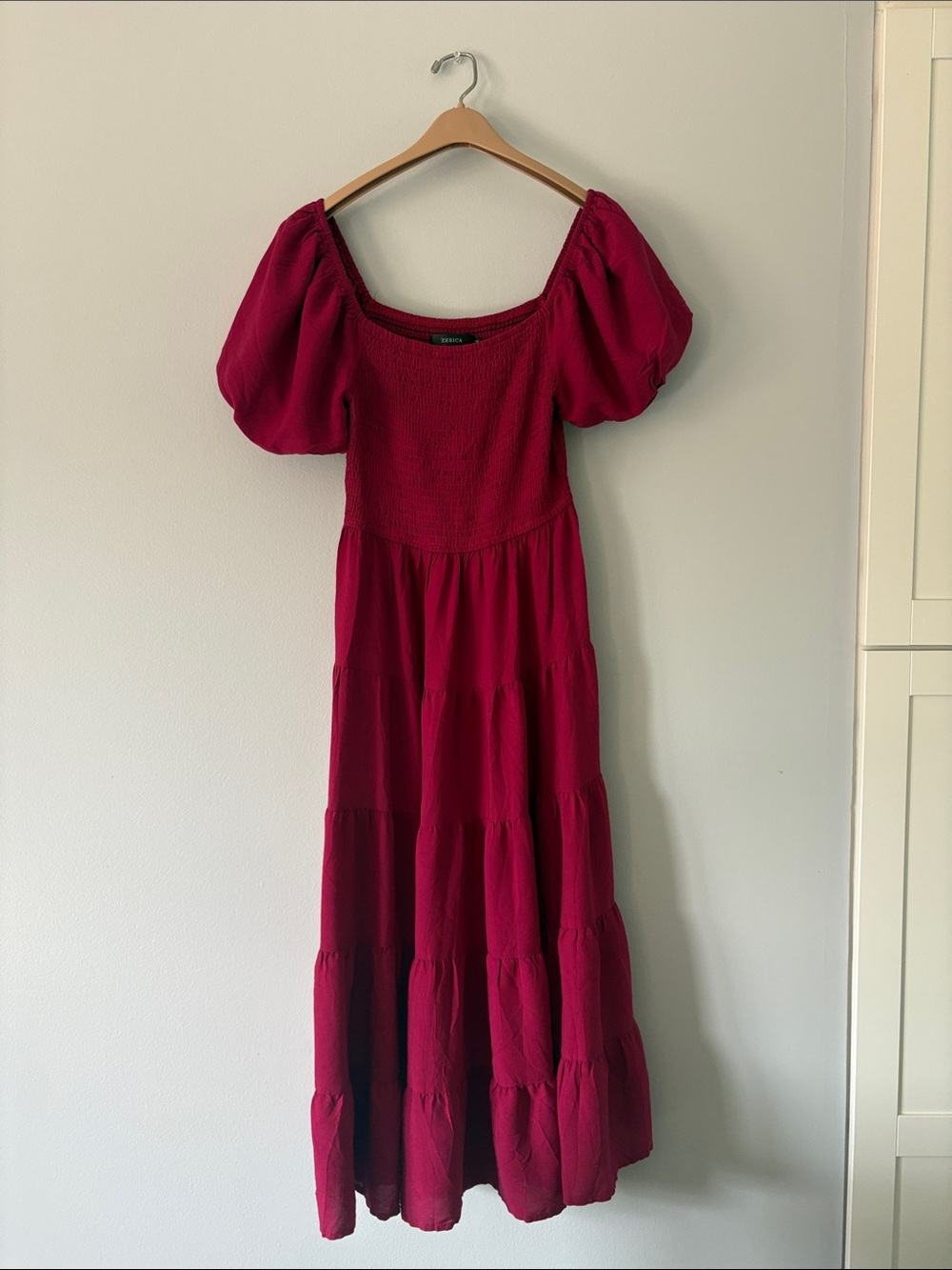Smocked Puff-Sleeve Maxi Dress in Berry